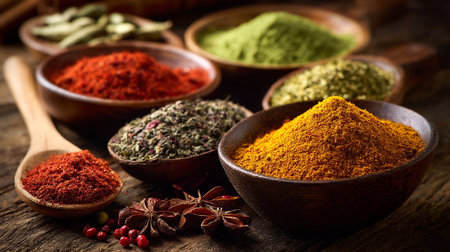 An Assortment of Colorful Spices in Wooden Bowls on a Rustic Surfaceの素材