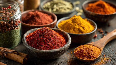 Aromatic Spices Assortment in Bowls with Cinnamon Sticks, Adding Flavor and Zestの素材