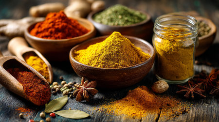 Aromatic Spices Displayed in Wooden Bowls and a Jar on Rustic Woodの素材