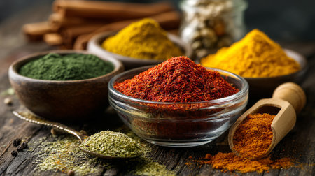 Vibrant array of spices in bowls and scoops on rustic wooden surface.の素材