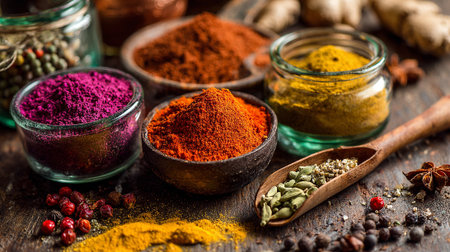 Vibrant Assortment of Colorful Spices and Herbs in Rustic Bowls and Jarsの素材