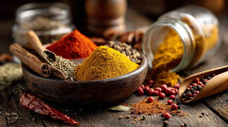 Aromatic Spices: Vibrant Display of Flavorful Culinary Ingredients on Wooden Surfaceの素材