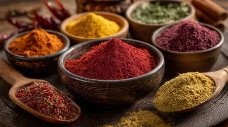 Vibrant Assortment of Spices Displayed in Rustic Bowls and Wooden Spoonsの素材