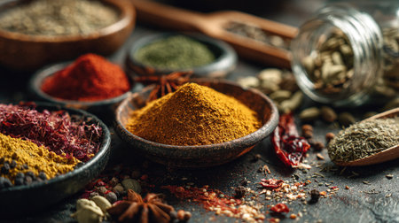 An Assortment of Colorful Spices Arranged in Rustic Bowls and on a Surfaceの素材