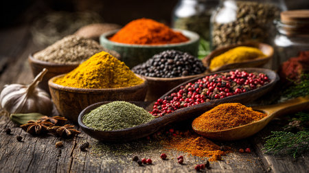 An Assortment of Aromatic Spices on Rustic Wooden Surface, Enhancing Culinary Visionsの素材