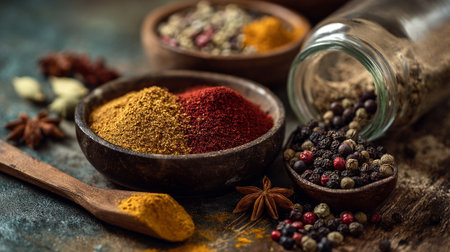 Vibrant and aromatic spices arrangement: A culinary journey through flavor and colorの素材