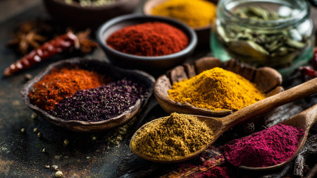 Vibrant Spices and Powders in Wooden Bowls and Spoons on Rustic Surfaceの素材
