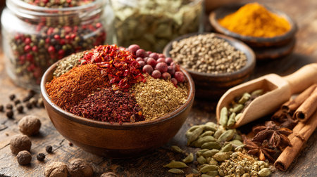 Diverse Spice Assortment Displayed in Bowls and Jars on a Wooden Surfaceの素材