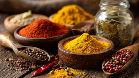 An Assortment of Colorful Spices Presented in Bowls and Wooden Spoonsの素材