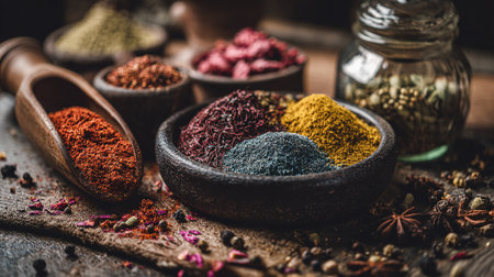 Exotic assortment of spices displayed in rustic bowls on a wooden surface.の素材
