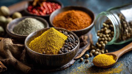 Aromatic Spices Assortment in Rustic Bowls with Natural Lightの素材