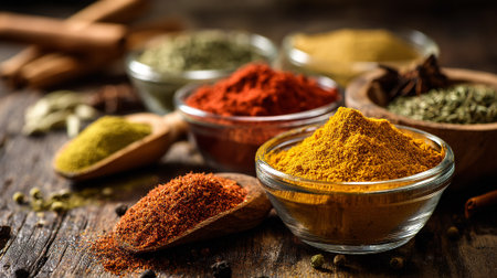 Aromatic Spices Assortment in Glass Bowls and Wooden Spoons on Dark Woodの素材