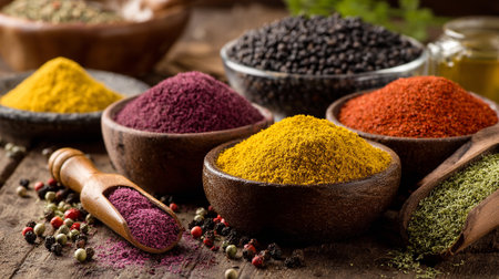 Vibrant Bowls of Spices and Herbs Arranged on Rustic Wooden Surfaceの素材