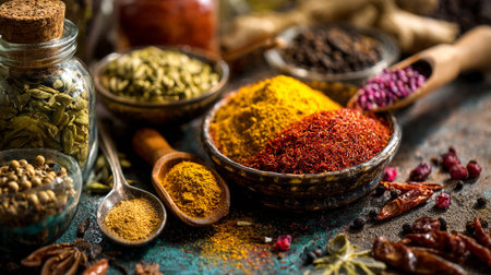 Exquisite Variety of Aromatic Spices in Rustic Bowls and Wooden Spoonsの素材