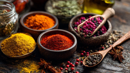 Assortment of Vibrant Spices Displayed in Rustic Wooden Bowls on Dark Woodの素材