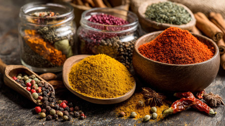 Colorful Variety of Spices Displayed in Rustic Jars and Wooden Bowlsの素材