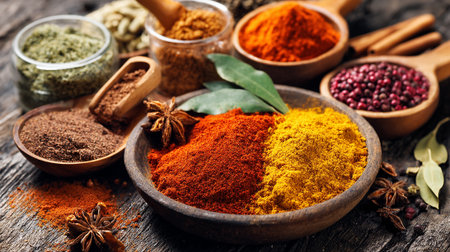 Vibrant Spices Displayed in Wooden Bowls on a Rustic Backgroundの素材
