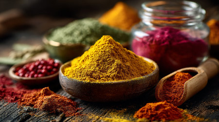 Vibrant assortment of aromatic spices arranged artistically on rustic wooden surfaceの素材