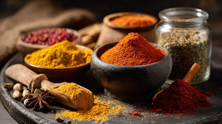 A Vibrant Assortment of Aromatic Spices Displayed in Rustic Bowls and Vesselsの素材