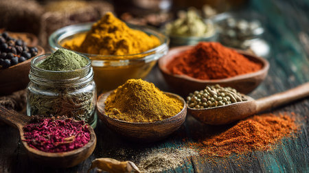 Colorful and aromatic spice assortment presented on rustic wooden surface.の素材