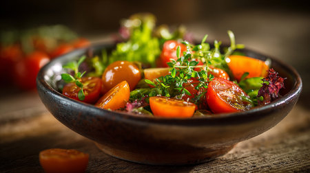 Fresh Tomato Salad with Thyme in Rustic Bowl on Wooden Tableの素材