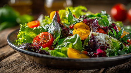 Vibrant Salad with Tomatoes and Lettuce on Rustic Wooden Surfaceの素材