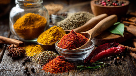 Vibrant assortment of spices displayed on a rustic wooden surface.の素材