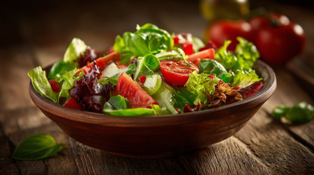 Fresh and Vibrant Garden Salad with Tomatoes in Wooden Bowl on Rustic Tableの素材