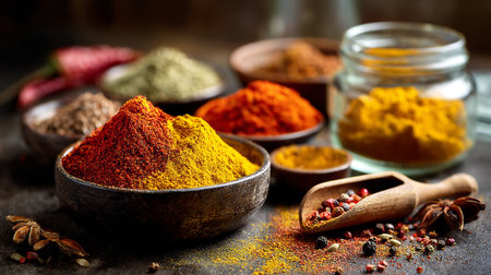 Vibrant Assortment of Aromatic Spices Arranged in Rustic Bowls and Wooden Scoopの素材