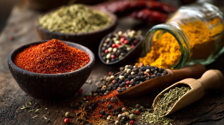 Aromatic spice assortment in wooden bowls and spoons on rustic wooden surface.の素材