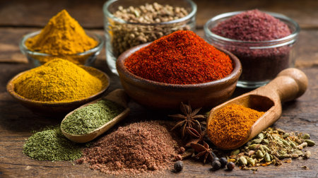 Assortment of Colorful Spices and Herbs in Bowls and Scoops on Wooden Surfaceの素材