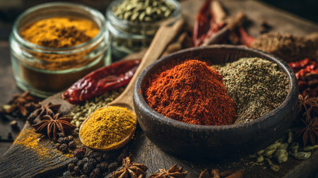 Aromatic Spices Still Life: Exploring Culinary Flavors and Traditional Ingredientsの素材