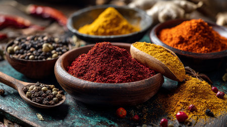 Aromatic Spices Still Life Displayed in Wooden Bowls on Rustic Surfaceの素材