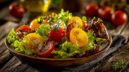 Fresh Garden Salad with Colorful Tomatoes on Rustic Wooden Tableの素材