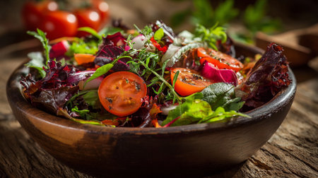 Fresh salad in rustic wooden bowl, vibrant healthy eating optionの素材