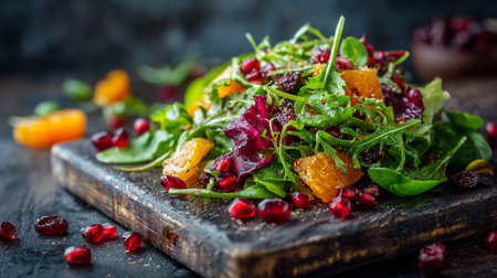 Vibrant Citrus and Pomegranate Salad on Rustic Wooden Board, Fresh Delightの素材