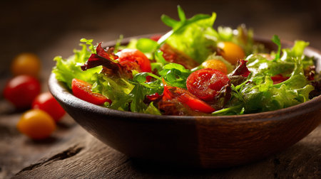 Fresh and Healthy Salad in a Wooden Bowl on Rustic Tableの素材