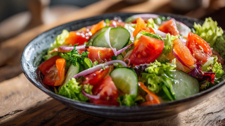 Fresh Garden Salad with Tomatoes, Cucumbers, and Red Onions, in Bowlの素材