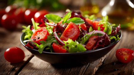 Fresh salad with tomatoes, lettuce, onion and basil on rustic wood.の素材
