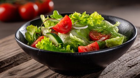 Delicious fresh salad with tomatoes and cucumbers served in a bowl.の素材