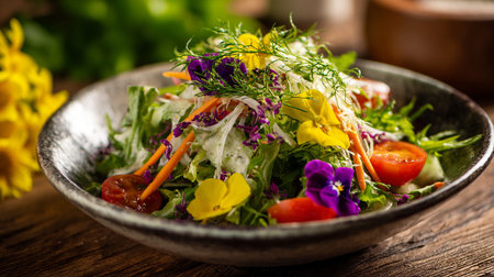 Fresh Spring Salad with Edible Flowers, Served in an Elegant Bowlの素材