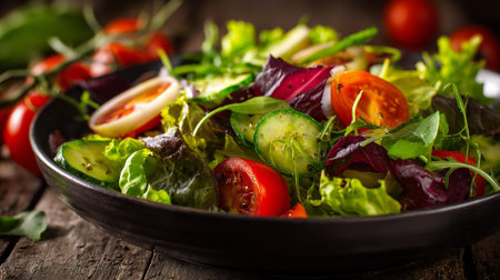 Fresh Garden Salad with Cherry Tomatoes, Cucumbers and Greens in Bowlの素材