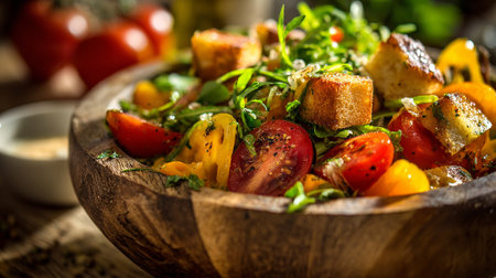 Rustic Tomato Salad with Croutons in Wooden Bowl, Food Photographyの素材