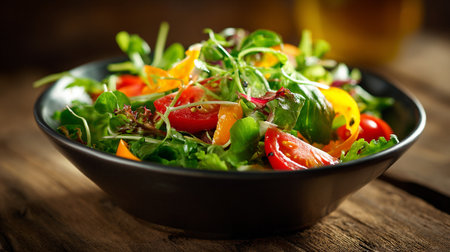 Fresh Garden Salad with Tomatoes and Peppers in a Dark Bowlの素材