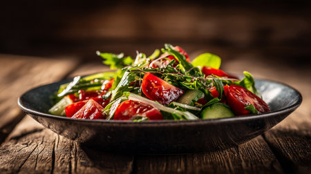 Rustic Vegetable Salad with Tomatoes and Cucumbers on a Dark Plateの素材