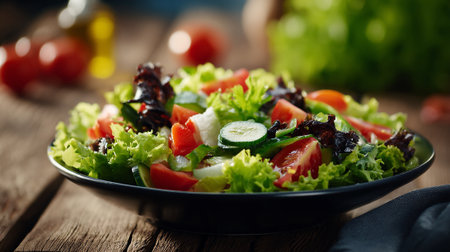 Fresh Salad Bowl on Rustic Wood Table, Appealing and Deliciousの素材