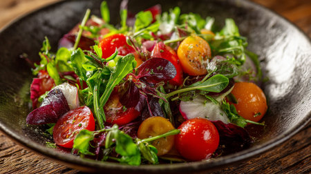 Fresh Summer Salad Featuring Tomatoes, Greens, and Radishes on Rustic Woodの素材