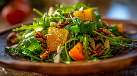 Delicious Arugula Salad with Orange Segments and Candied Pecans on a Wooden Plateの素材