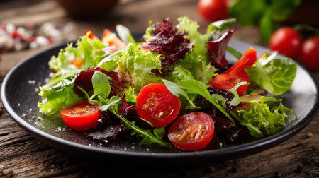 Fresh Salad with Cherry Tomatoes and Mixed Greens on Rustic Wooden Tableの素材