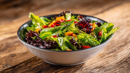 Fresh and Colorful Garden Salad in a Bowl on Rustic Wooden Tableの素材